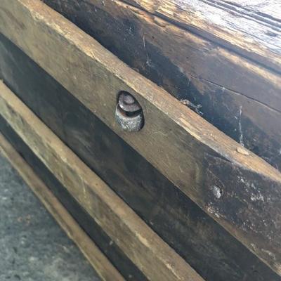 #87 - Antique Wood Trunk w/ Wheels & Alligator Leather Detail 