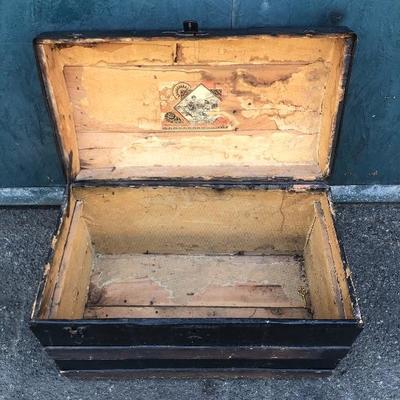 #87 - Antique Wood Trunk w/ Wheels & Alligator Leather Detail 