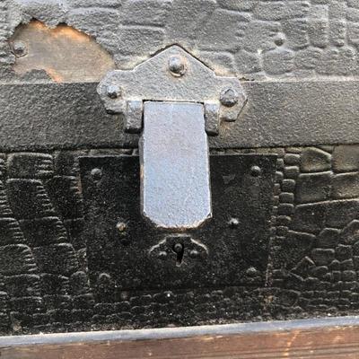 #87 - Antique Wood Trunk w/ Wheels & Alligator Leather Detail 