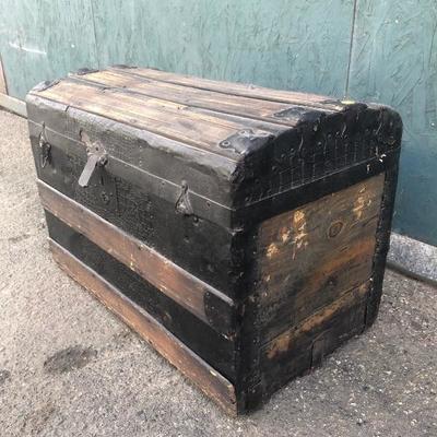 #87 - Antique Wood Trunk w/ Wheels & Alligator Leather Detail 
