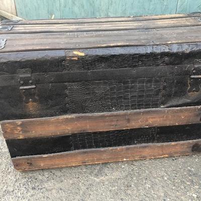 #87 - Antique Wood Trunk w/ Wheels & Alligator Leather Detail 