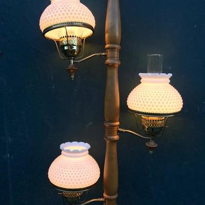 #49 - Gold and Turned Wood Suspension Lamp w/ Milk Glass Shades