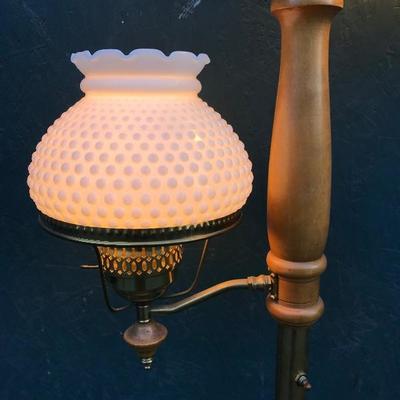 #49 - Gold and Turned Wood Suspension Lamp w/ Milk Glass Shades