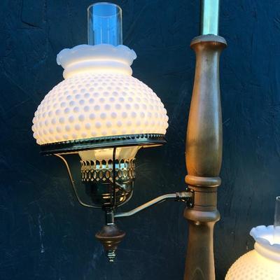 #49 - Gold and Turned Wood Suspension Lamp w/ Milk Glass Shades