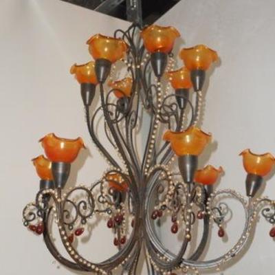 Lot 652 - Multi Armed Amber Glass + Bead Hanging Chandelier 