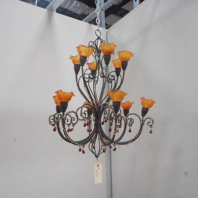 Lot 652 - Multi Armed Amber Glass + Bead Hanging Chandelier 