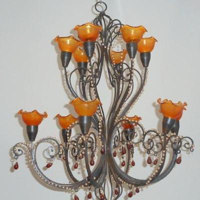 Lot 652 - Multi Armed Amber Glass + Bead Hanging Chandelier 