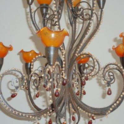Lot 652 - Multi Armed Amber Glass + Bead Hanging Chandelier 
