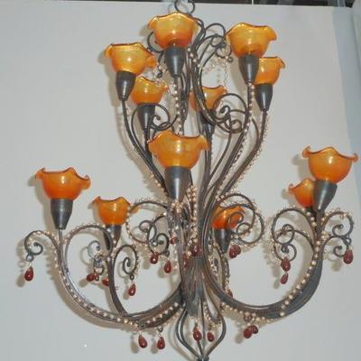 Lot 652 - Multi Armed Amber Glass + Bead Hanging Chandelier 