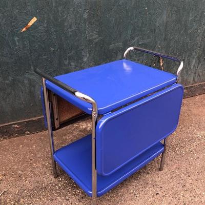 #61 - Vintage Blue & Chrome Bar Cart w/Fold Out Trays