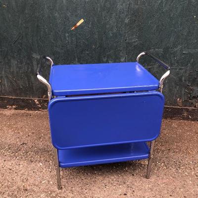 #61 - Vintage Blue & Chrome Bar Cart w/Fold Out Trays