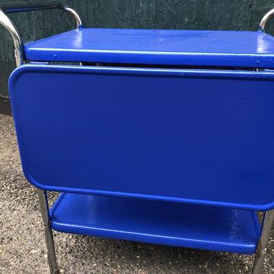#61 - Vintage Blue & Chrome Bar Cart w/Fold Out Trays