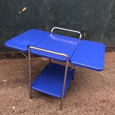 #61 - Vintage Blue & Chrome Bar Cart w/Fold Out Trays