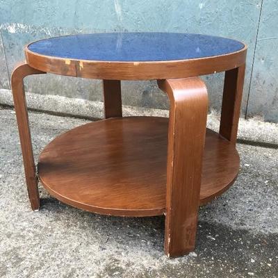 #7 - Vintage Round Wood Side Table w/ Blue Mirror Top