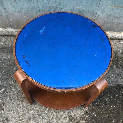 #7 - Vintage Round Wood Side Table w/ Blue Mirror Top