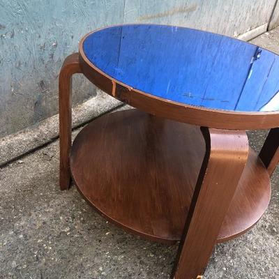 #7 - Vintage Round Wood Side Table w/ Blue Mirror Top