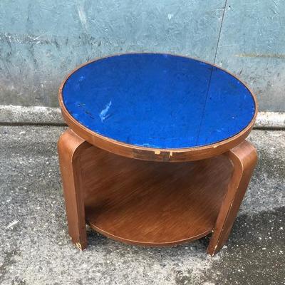 #7 - Vintage Round Wood Side Table w/ Blue Mirror Top