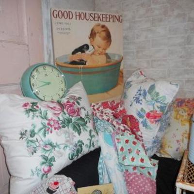 Lot 658 - Vintage Kitchen Aprons, Pink Metal Wash Bin, Cool Clock & More