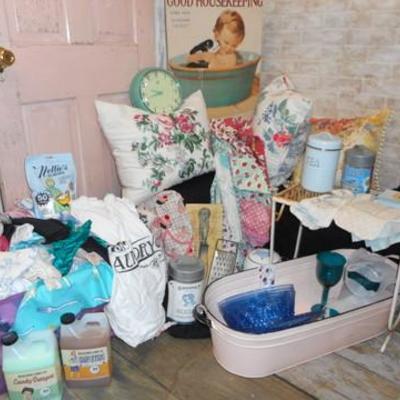 Lot 658 - Vintage Kitchen Aprons, Pink Metal Wash Bin, Cool Clock & More