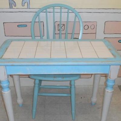 Lot 659 - Vintage Shabby Chic Tile Top Table & Wooden Chair