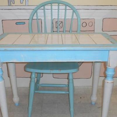 Lot 659 - Vintage Shabby Chic Tile Top Table & Wooden Chair