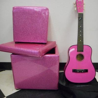 Lot 673 - Pink Glitter Cubes - 1 opens for storage, Cool Pink Guitar w/ Case 