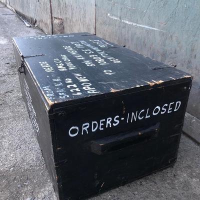 #13 - Vintage Black Painted Wood Trunk with White Writing