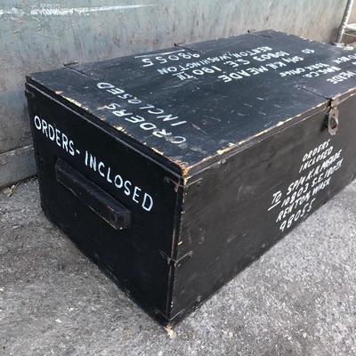 #13 - Vintage Black Painted Wood Trunk with White Writing