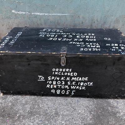 #13 - Vintage Black Painted Wood Trunk with White Writing