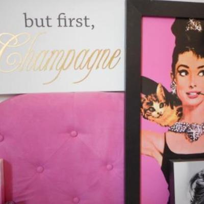 Lot 820 - Audrey Hepburn Lot w/ Pink Princess Phone, Footstool, Rug & Wall Decor