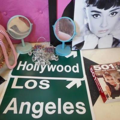 Lot 820 - Audrey Hepburn Lot w/ Pink Princess Phone, Footstool, Rug & Wall Decor