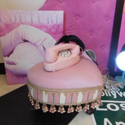 Lot 820 - Audrey Hepburn Lot w/ Pink Princess Phone, Footstool, Rug & Wall Decor