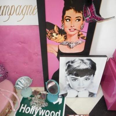 Lot 820 - Audrey Hepburn Lot w/ Pink Princess Phone, Footstool, Rug & Wall Decor