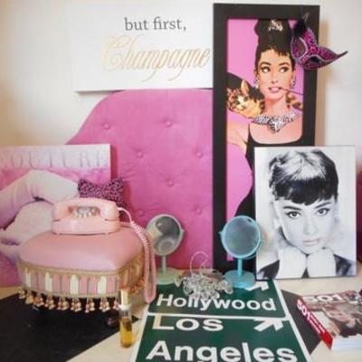 Lot 820 - Audrey Hepburn Lot w/ Pink Princess Phone, Footstool, Rug & Wall Decor