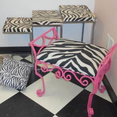 Lot 681 - Zebra Themed Nesting Tables, Vanity Chair & Footstools