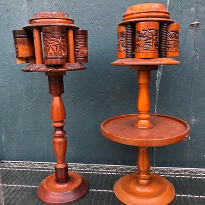 #128 - Two Handmade Wood Pipe Stands and Ashtrays 