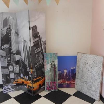 Lot 609 - "The City"  Canvas Wall Hanging & 3 Panel Screen