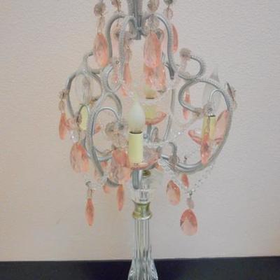 Lot 613 - Cool Vintage Lamp 32.5" tall w/ pink hanging crystals