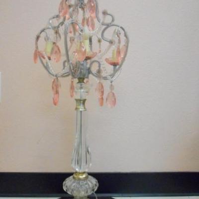 Lot 613 - Cool Vintage Lamp 32.5" tall w/ pink hanging crystals