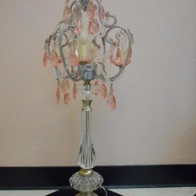 Lot 613 - Cool Vintage Lamp 32.5" tall w/ pink hanging crystals
