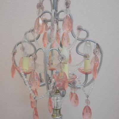 Lot 613 - Cool Vintage Lamp 32.5" tall w/ pink hanging crystals