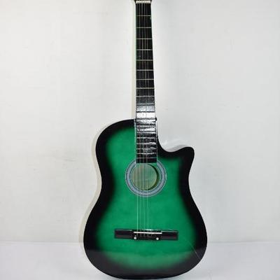 Green & Black Acoustic Guitar. 1 string head needs repair