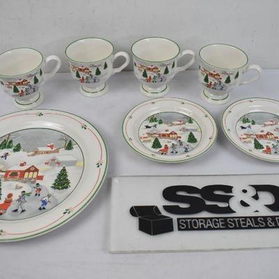 7 pc Christmas Dinnerware: 4 Cups, 2 Saucers, 1 plate
