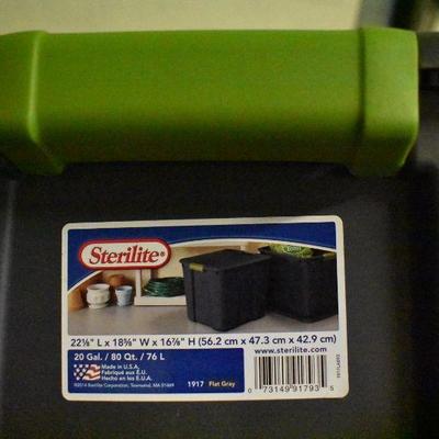 5 Dark Gray storage bins with green handles. (1 medium is missing 1 hande)