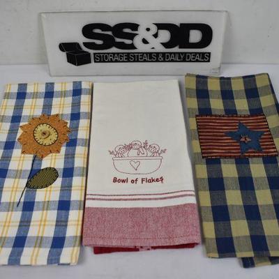 3 Kitchen Hand Towels, Stitched. New Condition