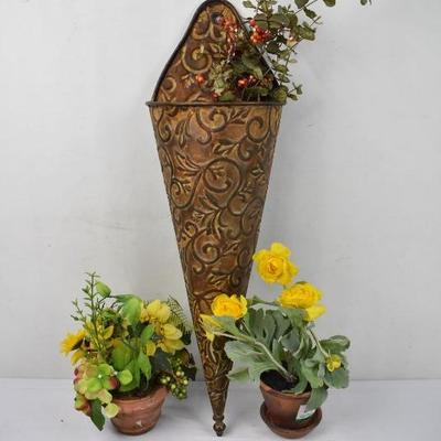 3 pc Faux Floral Decor: 1 Triangular Wall Decor, 2 small pots