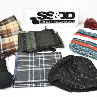 7 pc Cold Weather Clothing: 3 scarves, 2 hats, 2 pairs of gloves