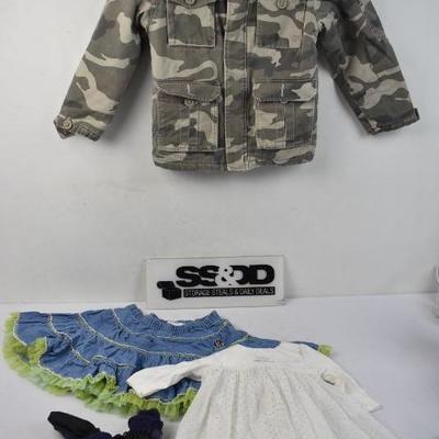 4 pc Misc Kids Clothing: Gloves, Minnie Mouse Skirt, Absorba Dress, Camo Coat