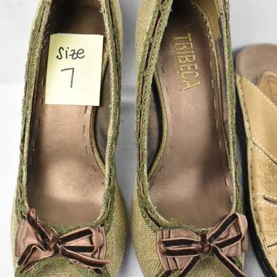 4 pairs of Women's Shoes size 7: Heels, Sandals, Striped Flats, Ballet Flats