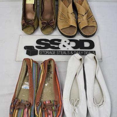 4 pairs of Women's Shoes size 7: Heels, Sandals, Striped Flats, Ballet Flats